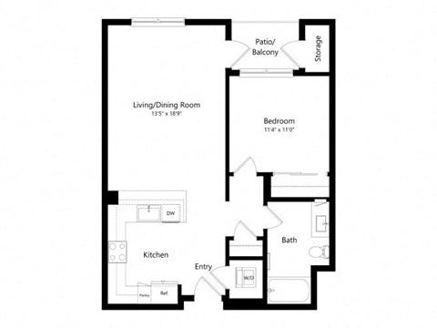 Floor plan for 1 bed, 1 bath, 765 sqft